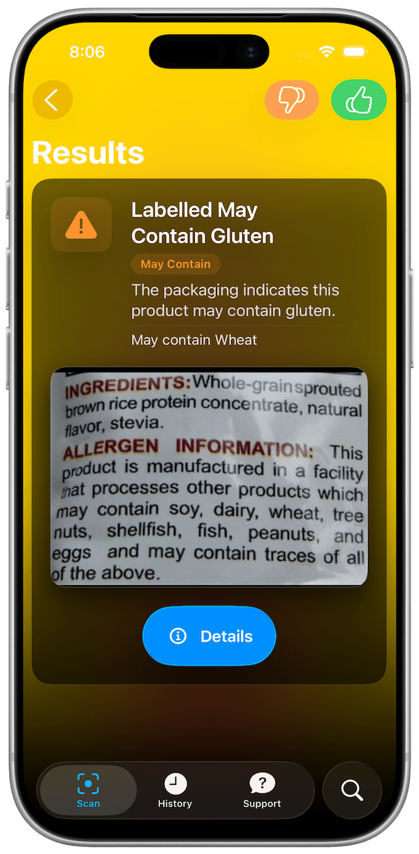 Is this GF? app showing May Contain gluten verdict after scanning food label